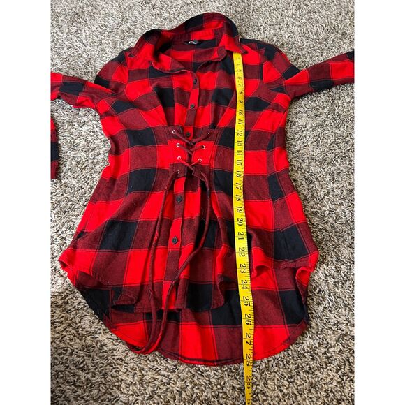 Express Red Black Buffalo Plaid Corset Style Flannel Top Womens XS Grunge Goth - Picture 8 of 8